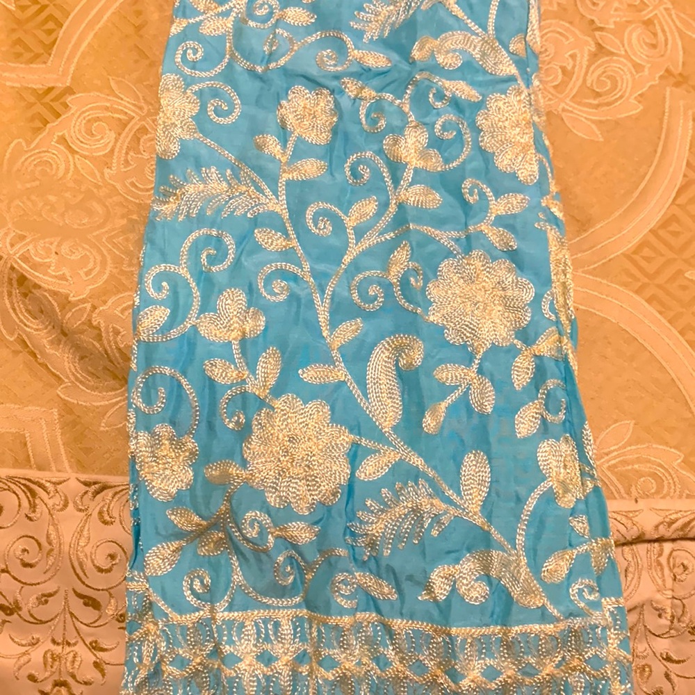 Pakistani/ Indian Ivory and sky blue 3-piece embroidered suit